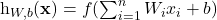 \begin{equation*} $h_{W,b}(\textbf{x}) = f(\sum_{i=1}^{n} W_ix_i +b)$\end{equation*}